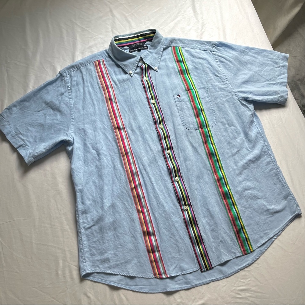 TOMMY HILFIGER chambray blue boxy oversized stripe trim detail button up shirt‎